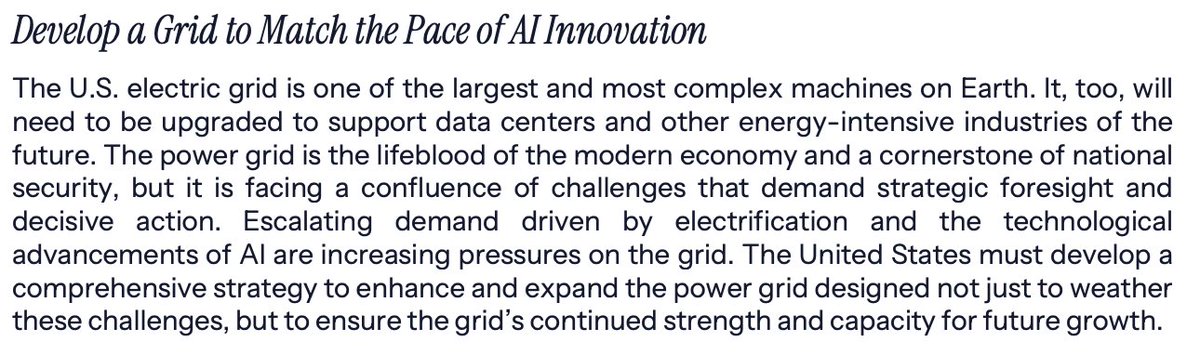 aiedge_'s tweet image. One of America&apos;s most significant concerns with building AI infrastructure is the need to support electric grids.

Electric grid expansion is key to match the pace of AI innovation and mass adoption.

They also mention the need to restore semiconductor manufacturing on US soil.