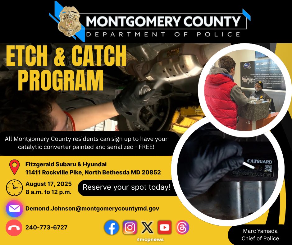 2dCommander's tweet image. The etch & catch program aims to deter catalytic converter theft and aid in the recovery of converters if they are stolen.
Come out to Fitzgerald on 8/17 to participate-contact Demond.Johnson@montgomerycountymd.gov to reserve your space!