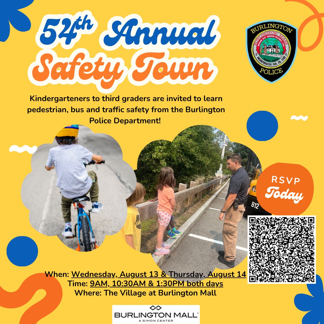 🚲 Join BPD &amp; Burlington Mall for the 54th Annual Safety Town!
📅 Aug 13–14 | ⏰ 9AM, 10:30AM, 1:30PM (both days)
📍 The Village @ Burlington Mall
Bring your own bike &amp; helmet!
🔗 Reserve your spot today: tinyurl.com/2yamd4vs
#BurlingtonMA