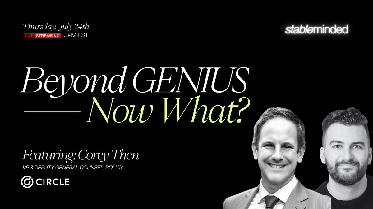 stabledash's tweet image. 🚨 GOING LIVE AT 12PM PST / 3PM EST
Corey Then, Vice President and Deputy General Counsel at @circle focused on US Policy, joins @dr3wrogers for an exclusive interview sharing a first-party account into the GENIUS Act's formation, key details, and future outlook.
Background:…