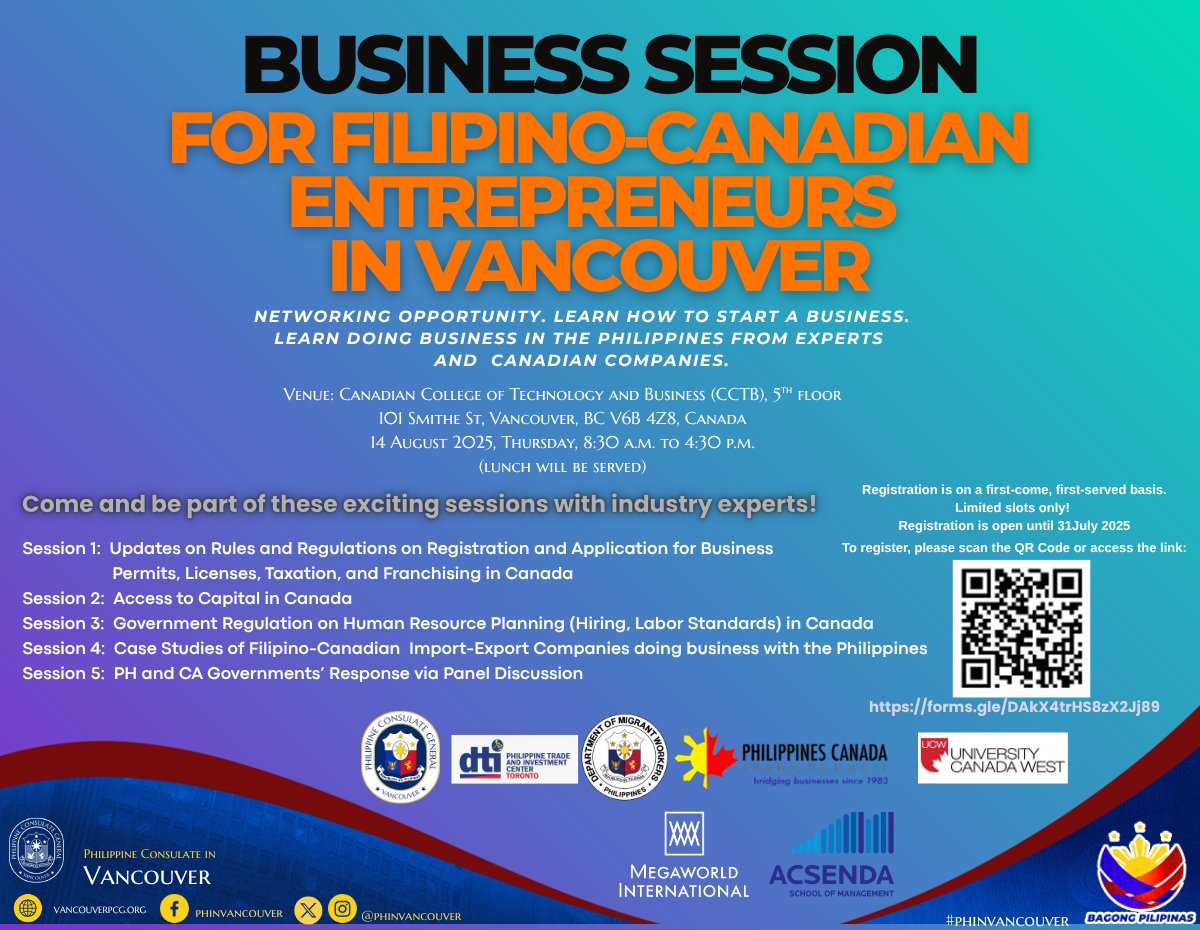 🔊📅  BUSINESS SESSION FOR FILIPINO-CANADIAN ENTREPRENEURS IN VANCOUVER AND CANADIAN COMPANIES DOING BUSINESS WITH THE PHILIPPINES (14 August 2025)

Register through this link:    forms.gle/DAkX4trHS8zX2J…