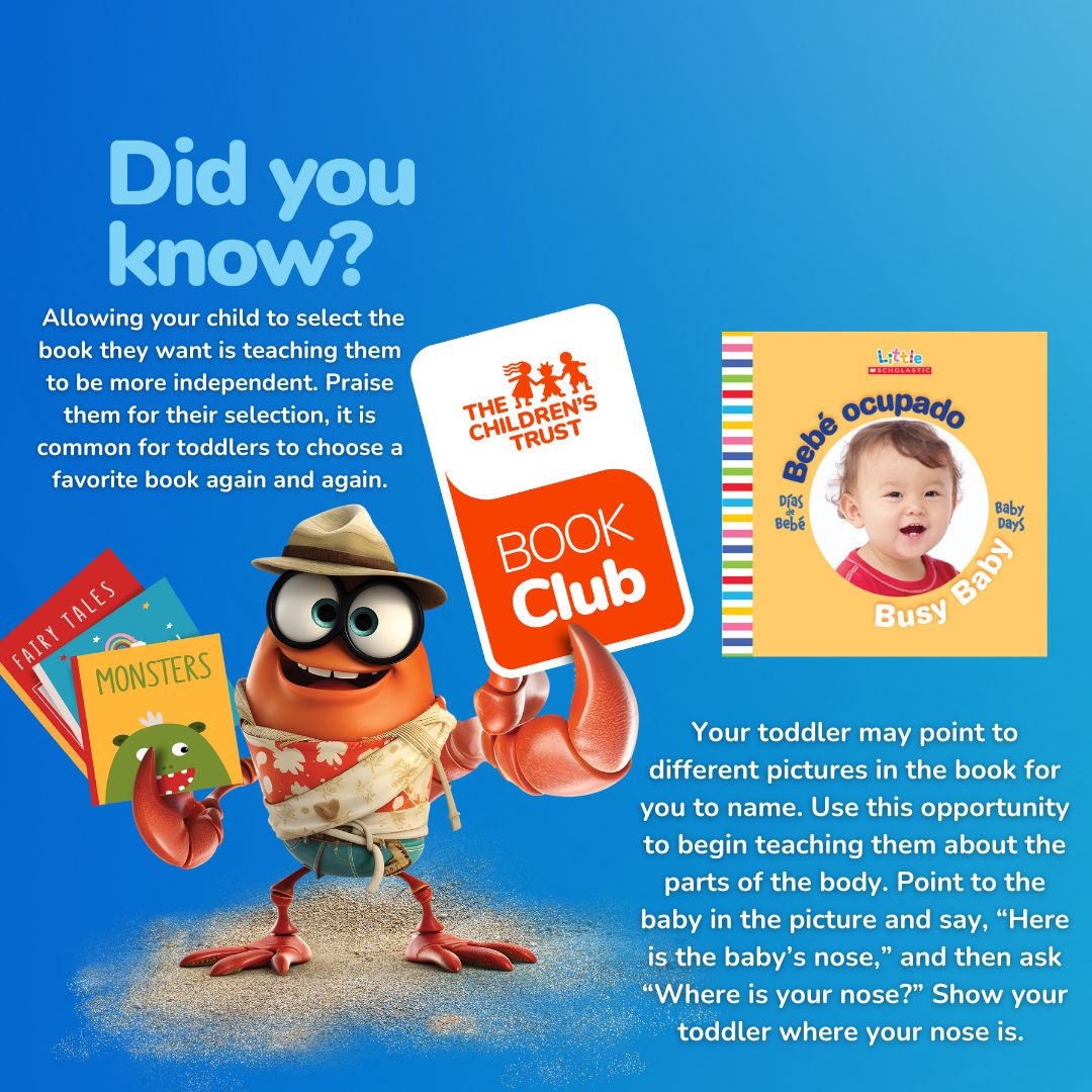 childrenstrust's tweet image. Hey Carlos! 🦀 Thanks for sharing this fun tip for parents when reading 𝑩𝒖𝒔𝒚 𝑩𝒂𝒃𝒚. You can discover more tips and activities like this in our Book Club guide for one-year-olds. 📚 Reading to your child can create special and lifelong memories while expanding their…