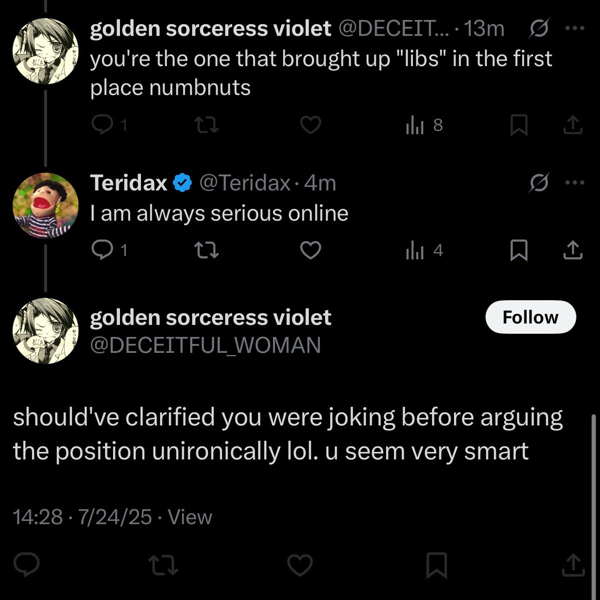 Teridax's tweet image. ⚠️ HUMOROUS CONTENT BELOW ⚠️
Going forward I will be prefacing every slightly humorous comment I make with a warning to avoid any confusion
Thank you for showing me the error of my ways. I sincerely apologize for my mistakes @DECEITFUL_WOMAN and I promise to do better.