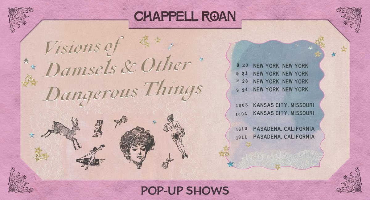 Chappell Roan just announced her Visions of Damsels &amp; Other Dangerous Things Pop-Up Shows in NYC, Kansas City, and LA! Register now via Fair AXS through Sunday, July 27 until 11:59 PM ET for a shot at purchasing tickets to one of these 8 shows!

axs.com/ChappellRoan20…