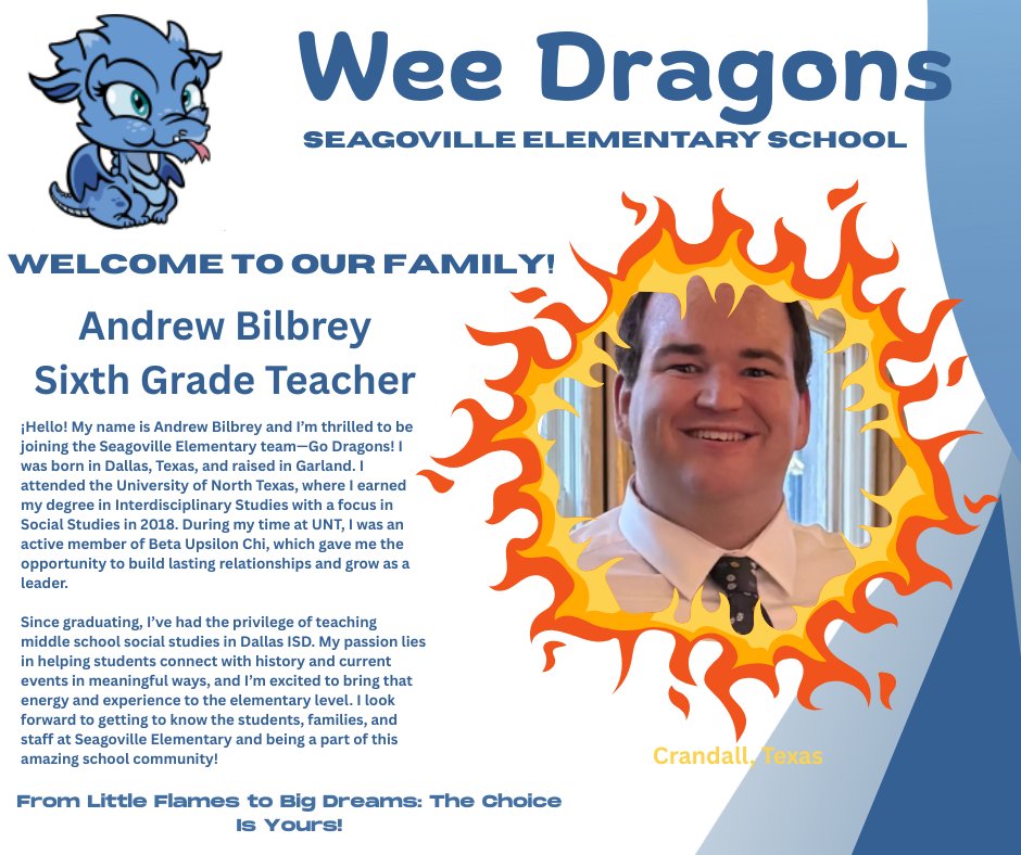 Seagoville_ES's tweet image. 🔥🐉 Welcome to the Dragon’s Den! 🐉🔥
We’re excited to welcome Mr. Bilbrey to our sixth-grade team! With a passion for learning and a heart for students, he is ready to help our young dragons soar! @mrschoppa1908 @MariaRossAP