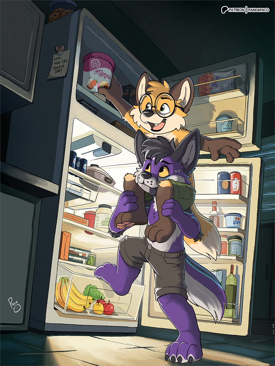 Kip and Cypress teaming up for this mission, which today it couldn't be the cookie jar, that one is already too hidden. Together, they’ve cracked open the freezer, today’s prize is something colder: neapolitan ice cream.

Pic for <a href="/Kip_Fox/">Kip Fox</a> and <a href="/FlickF0X/">🐾Cypress WereFolf 🐾 (Flick)</a>