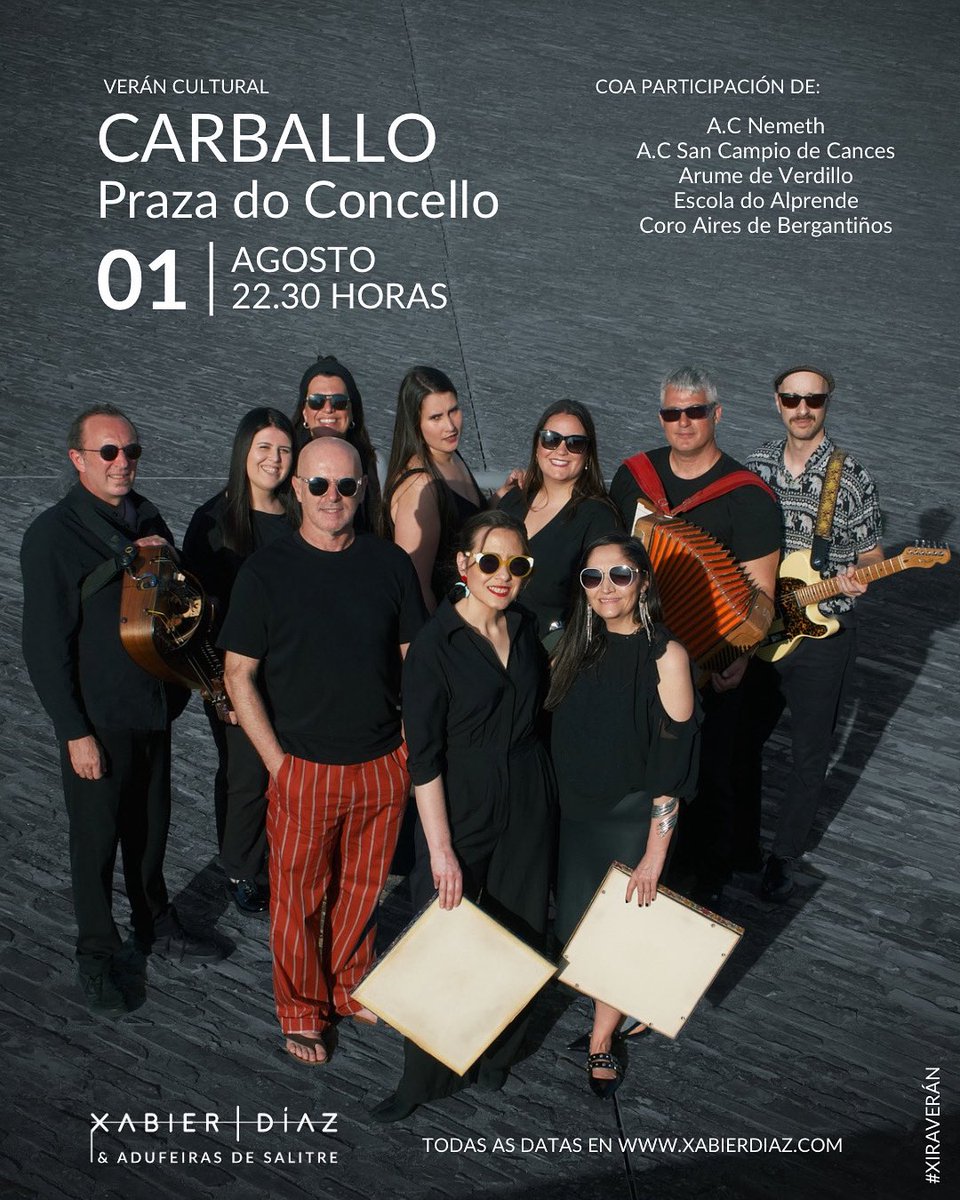 Carballo sempre nos abrazou con amor incondicional ❤️ Desta volta levamos un espectáculo de grande formato coas agrupacións locais como convidadas 😊

Todas as datas en xabierdiaz.com

Non é de perder bergantiñáns!

#Carballo #XabierDíaz #AdufeirasDeSalitre