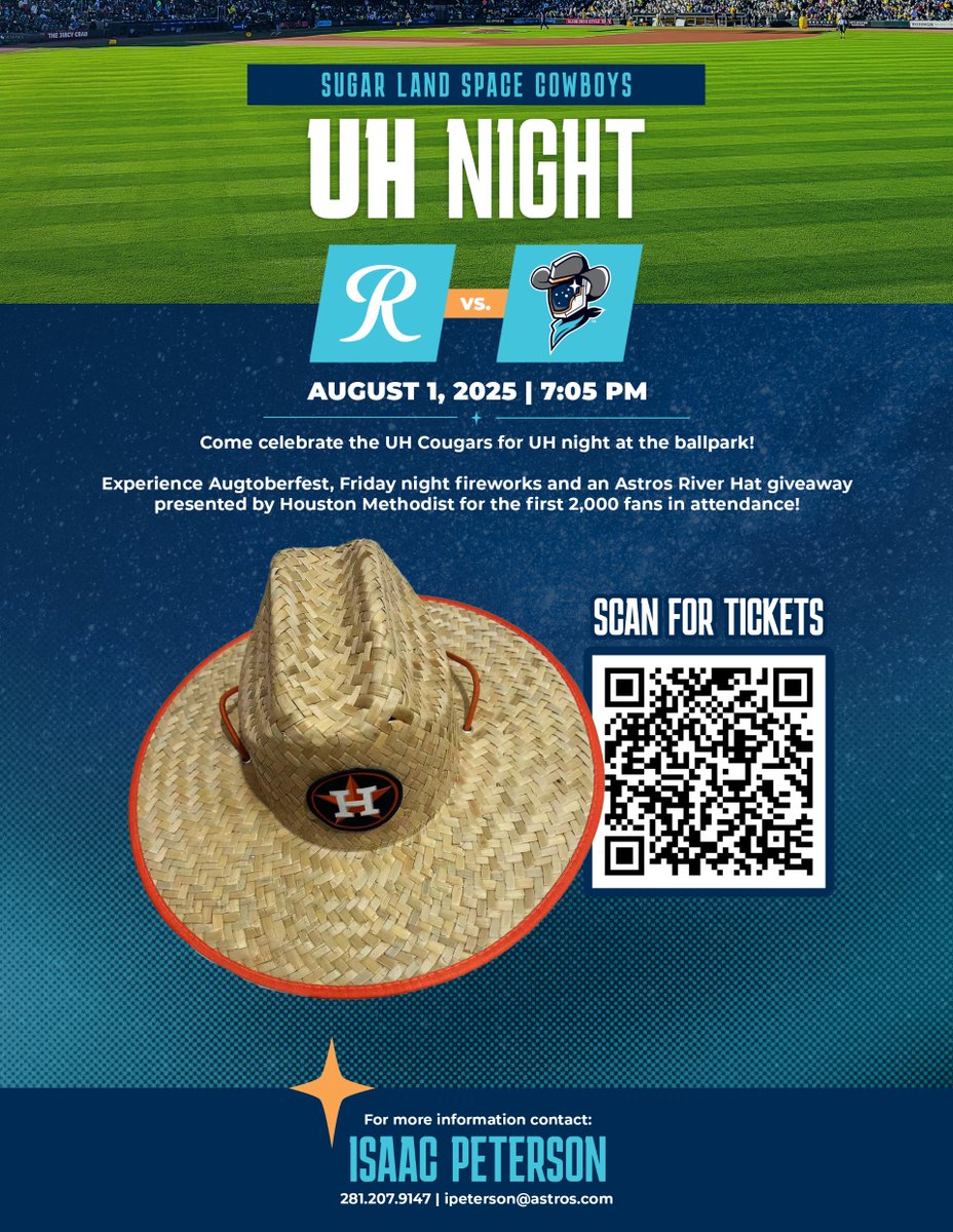 Join the University of Houston Alumni Association and the Sugar Land Space Cowboys for a fun-filled night at Constellation Field!

Enjoy the game, a post-game fireworks show and Augtoberfest for a great Friday night!

Gates open at 5:30 PM!

#UH #GoCOOGS #UHAlumni