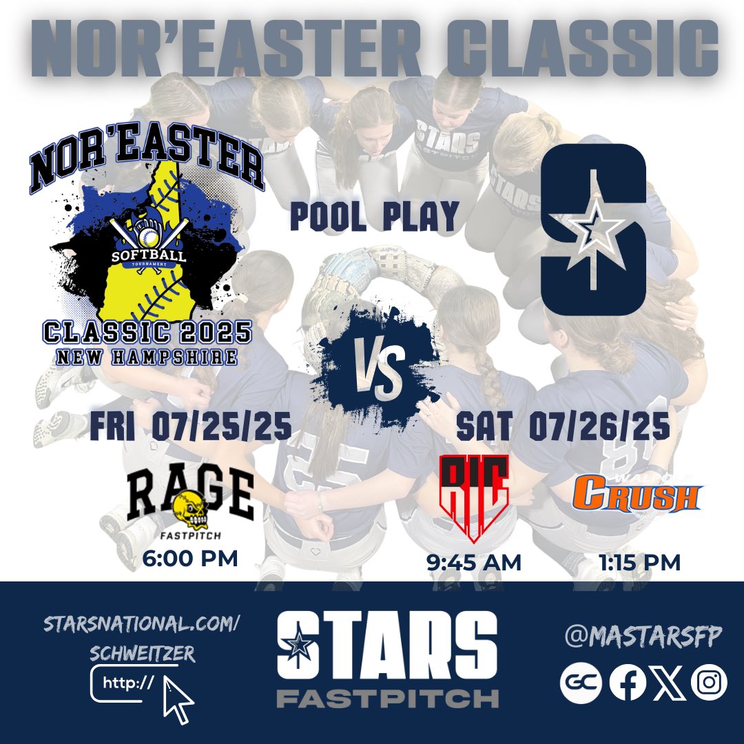 ⭐️⭐️⭐️The Stars head to the Nor’Easter Classic this weekend in NH. All games will be played at Belmont HS. Come join us!! #starsfastpitch #mastarsfastpitch #mastarsfastpitchschweitzer #noreasterclassic <a href="/starsnationalfp/">Stars Organization</a>