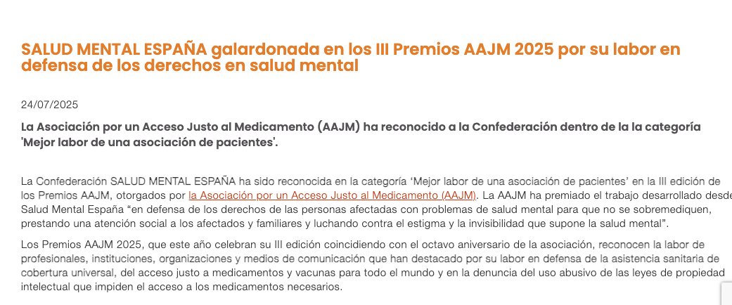 Pablo Martínez Segura (@vegaray) on Twitter photo SALUD MENTAL ESPAÑA galardonada en los III Premios AAJM 2025 por su labor en defensa de los derechos en salud mental. consaludmental.org/sala-prensa/sa… SALUD MENTAL ESPAÑA galardonada en los III Premios AAJM 2025 por su labor en defensa de los derechos en salud mental. consaludmental.org/sala-prensa/sa…