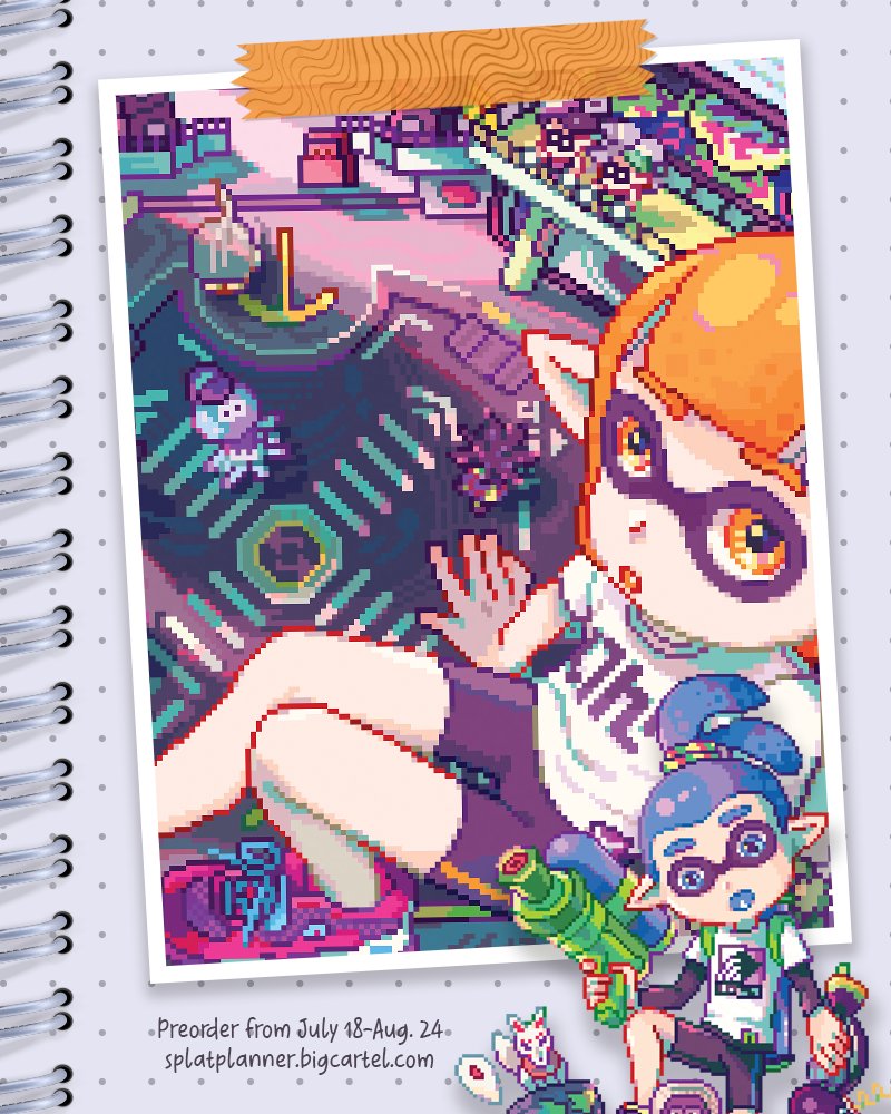 SplatPlanner's tweet image. The second month features Inkopolis Plaza. Here is a small preview of @_qquoe's illustration.
Preorders are open until August 24!
🧡 splatplanner.bigcartel.com