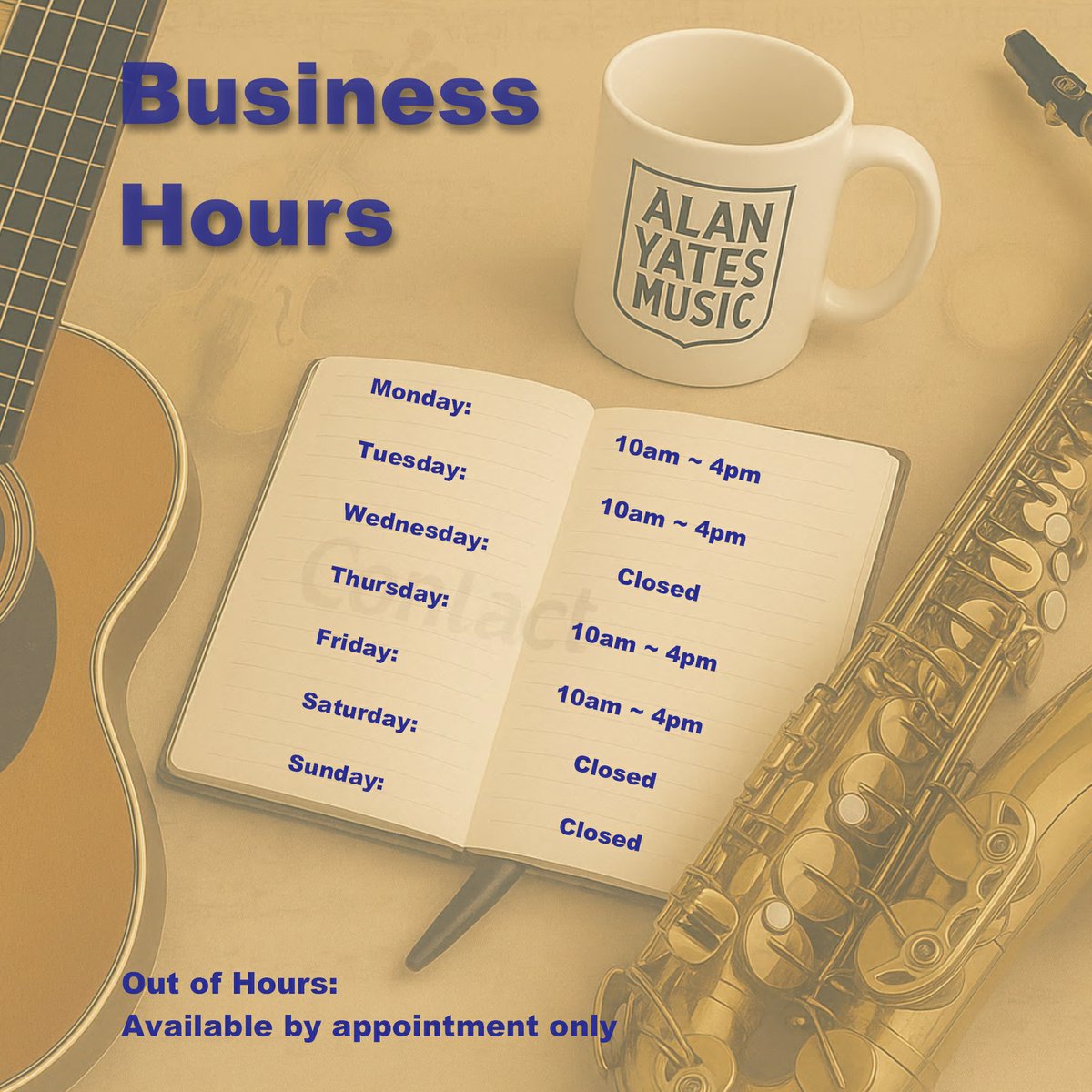 alanyatesmusic's tweet image. 📢 We've updated our business contact hours!
🕒 New: Mon, Tue, Thu, Fri — 10am–4pm
📌 Out-of-hours by appointment
🎶 We're here to help — just reach out!
#AlanYatesMusic #UpdatedHours