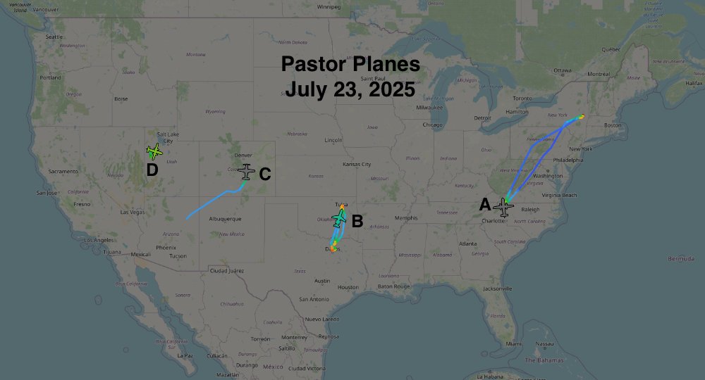 pastorplanes's tweet image. July 23, 2025
A. Samaritan's Purse - Super King Air from North Wilkesboro, NC to Albany, NY to North Wilkesboro.
B. Rhema Bible Church (Kenneth Hagin Jr) - Bombardier Challenger from Tulsa to Dallas to Tulsa to Dallas to Tulsa. Flight completed next day UTC.
C. Eagle Mountain…