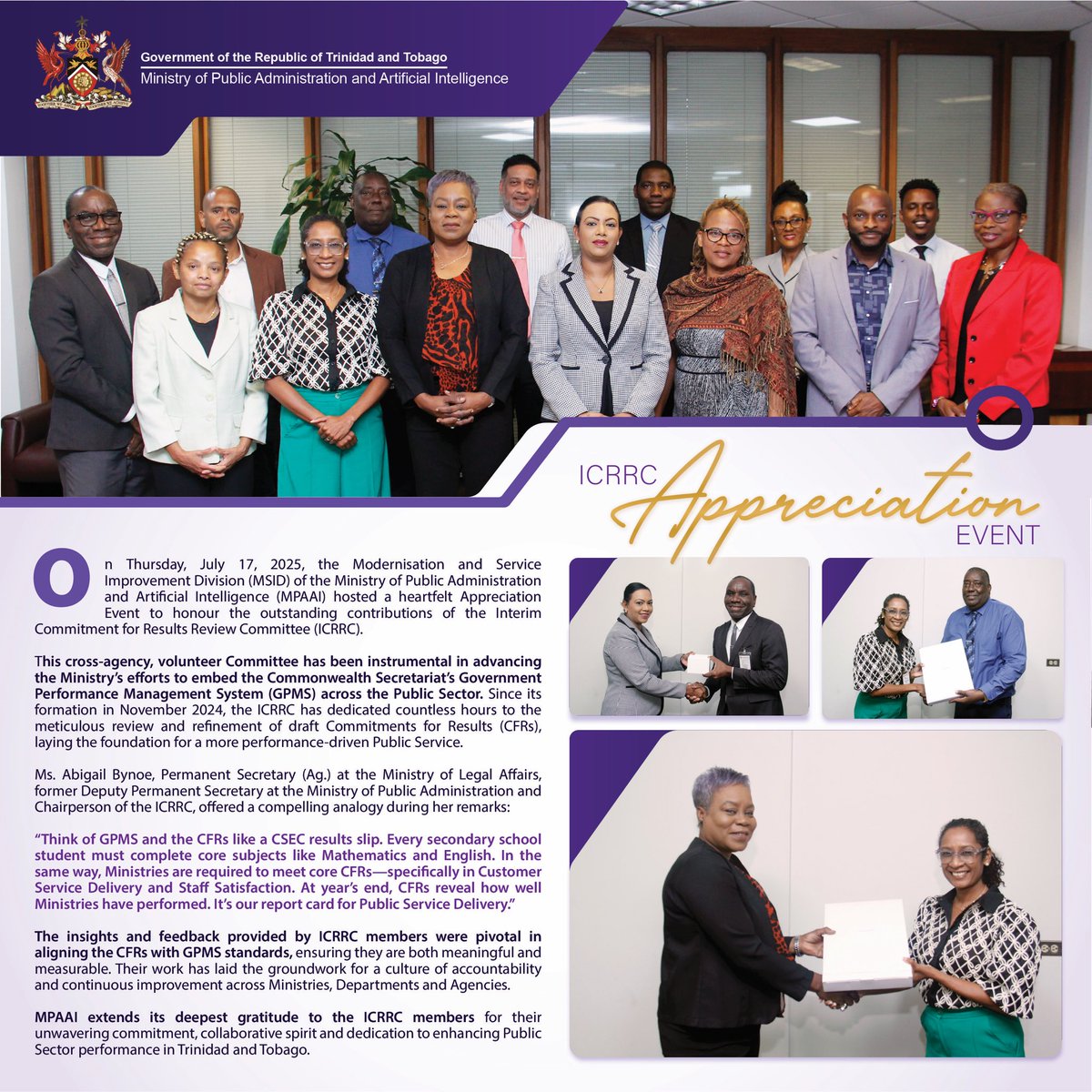 On Thursday 17th July 2025, the Ministry of Public Administration and Artificial Intelligence (MPAAI) hosted a heartfelt Appreciation Event to honour the Interim Commitment for Results Review Committee (ICRRC). 

See more here: facebook.com/share/p/1F6oca…