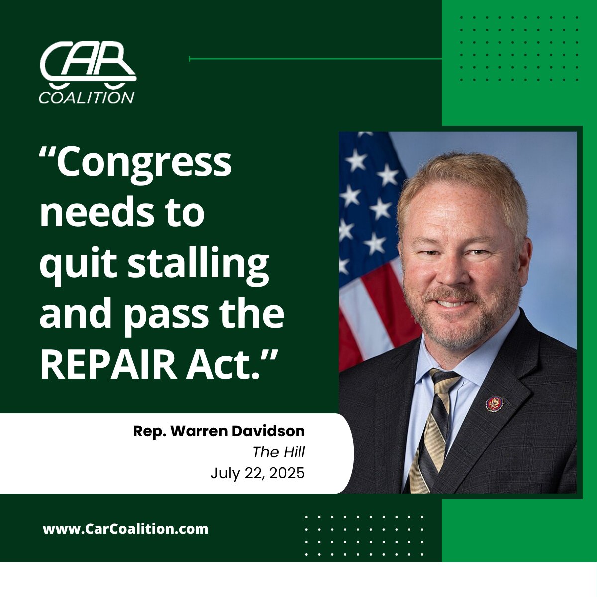 TheCARCoalition's tweet image. The #REPAIRAct is bipartisan, pro-consumer, and long overdue.
Read more from Rep. @WarrenDavidson on how Congress can restore your right to repair your car and end repair monopolies.
thehill.com/opinion/techno…