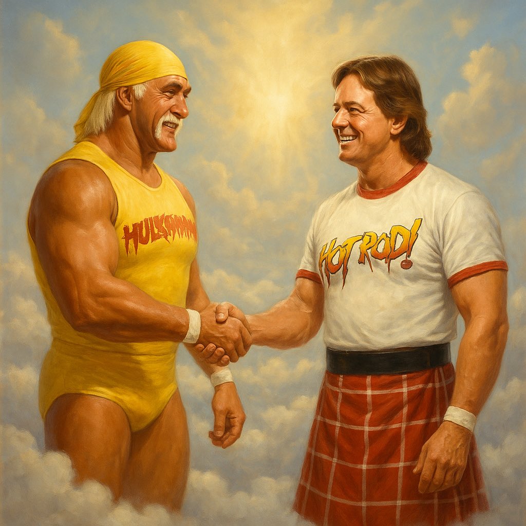 duell76's tweet image. Roddy Piper seeing Hulk Hogan today. 🤟