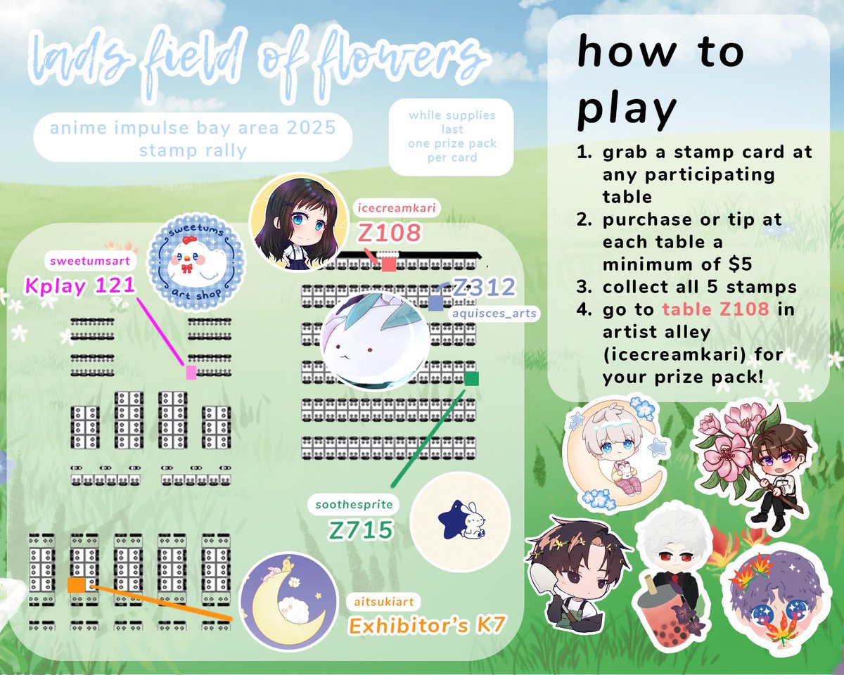 icecreamkari's tweet photo. 🌼 anime impulse bay area love and deep space stamp rally 🌼
excited to be hosting a stamp rally with these talented artists! collect all 5 stamps for a sticker prize pack 🥰
#animeimpulse #animeimpulse2025 #aiba #aibay #animeimpulsebayarea2025 https://t.co/IwTmBVcd9F