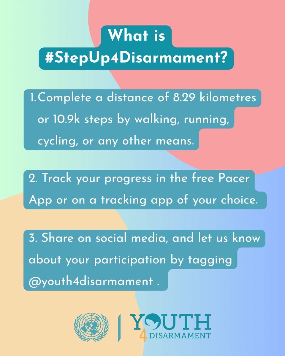 UNYouthAffairs's tweet image. 👟 On 29 Aug, take 8.29 km worth of action for a world free of nuclear weapons.
Join the #StepUp4Disarmament challenge with #Youth4Disarmament to mark the International Day against Nuclear Tests. ☮️🌍
📲 Track + share your progress!