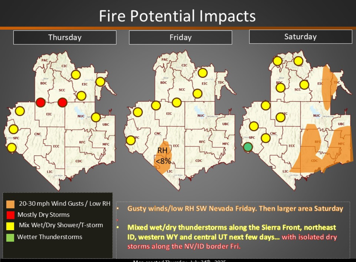 Zone 411 Centennial Mountains and Snake River Range: Dry and breezy with gusts to 25 mph. Slight chance of afternoon storms. 
Zone 413 Caribou Range:
Humidity falling to 9%, temps near 90°F, and gusty southwest winds. Be fire aware and cautious with campfires or machinery.
