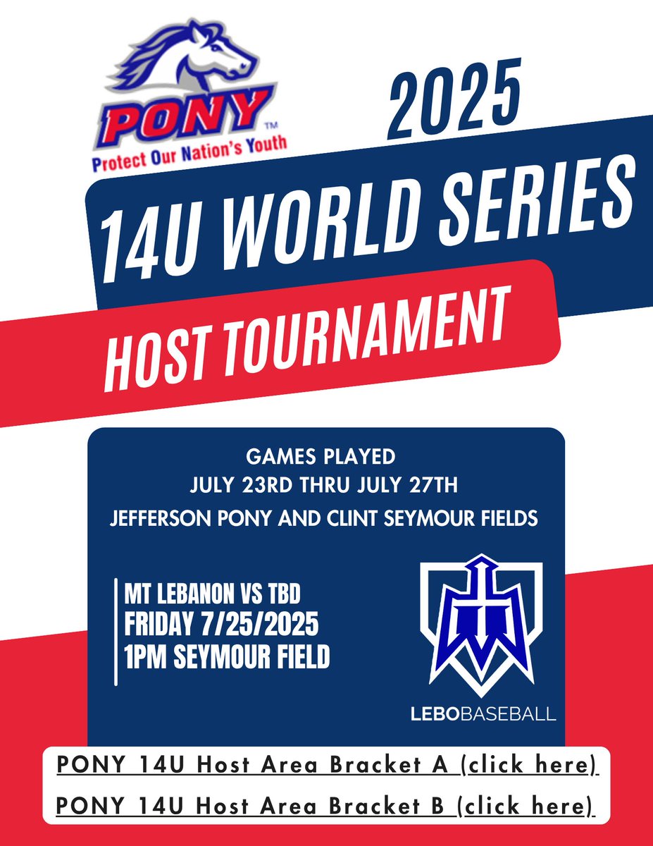 Next game for Mt. Lebanon 14U is on Friday, 7/25, at 1pm Clint Seymour Field.
PONY 14U World Series Host Tournament July 23rd thru July 27th, 2025.
PONY 14U Host Area Bracket A: buff.ly/q4ikINh  
PONY 14U Host Area Bracket B: buff.ly/FnbSWVx