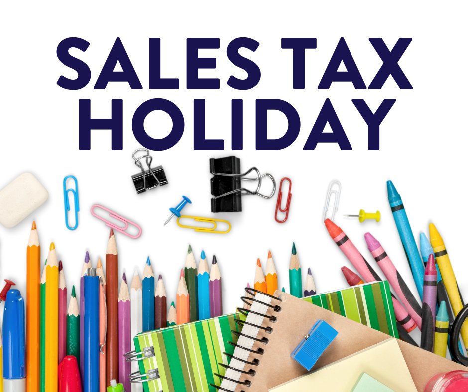 Oldsmar's tweet image. SALES TAX HOLIDAY
The State of Florida will have a Back-to-School Sales Tax Holiday, running from Aug 1-31, for qualifying items to help prepare for the upcoming school year. For a complete list & more info, visit loom.ly/4xptiLk.