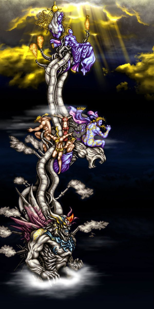 Final Fantasy 6 final boss, "Statue of the Gods" - original sketch vs. SNES version vs. 2014 remaster version