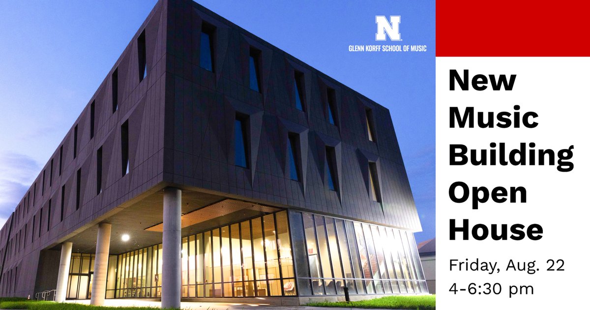 Come to an Open House on Friday, Aug. 22 to see the new music building! The event is from 4-6:30 p.m., just prior to the Cornhusker Marching Band Exhibition Concert at 7 p.m. at Memorial Stadium. Both events are free and open to the public.
Info: go.unl.edu/7bvw. #UNLarts