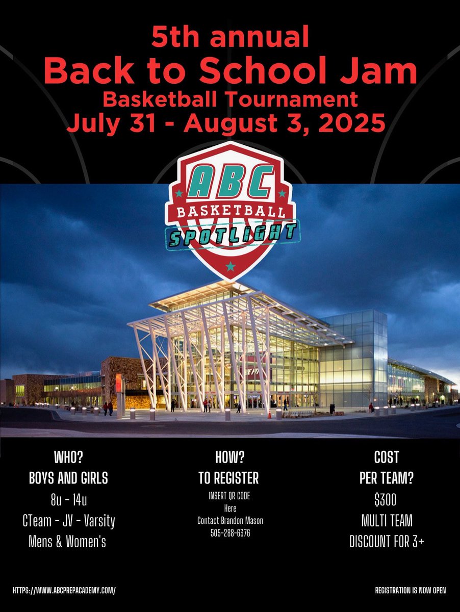Albuquerque Basketball Prep School (@albuquerqueprep) on Twitter photo 3 days left to register! 75 teams and countingā¦We can only take so many!
<a href="/coach_bmase/">BRANDON MASON</a> <a href="/AbcSpotlightNM/">Albuquerque Basketball Club</a> <a href="/DaireseG/">Dairese Gary</a> <a href="/Christina__Gary/">Christina Gary</a> <a href="/CoachDSteen/">Davon Steen</a> <a href="/chrisla213/">Chris Williams</a> <a href="/Millerpower22/">Ben Miller</a> <a href="/lobolaneblog/">Lobo Lane</a> 3 days left to register! 75 teams and countingā¦We can only take so many!
<a href="/coach_bmase/">BRANDON MASON</a> <a href="/AbcSpotlightNM/">Albuquerque Basketball Club</a> <a href="/DaireseG/">Dairese Gary</a> <a href="/Christina__Gary/">Christina Gary</a> <a href="/CoachDSteen/">Davon Steen</a> <a href="/chrisla213/">Chris Williams</a> <a href="/Millerpower22/">Ben Miller</a> <a href="/lobolaneblog/">Lobo Lane</a>