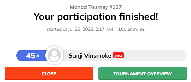 Monad Tourney #127

Not really that lucky today. Let's try again next week 💜