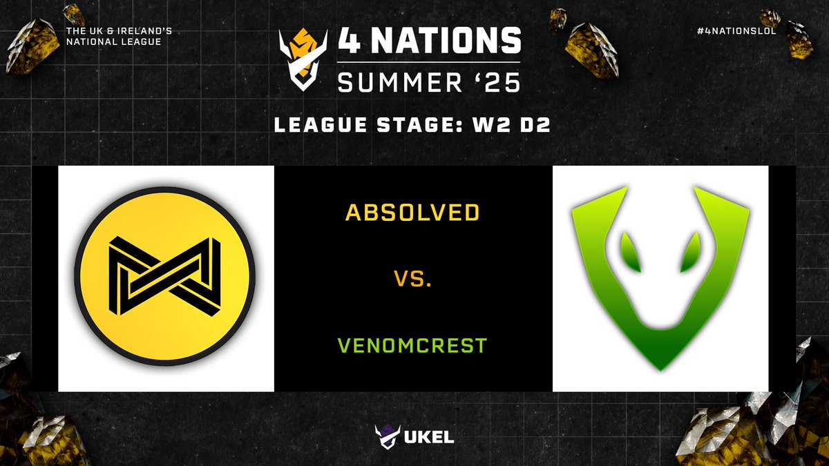 UKEL presents: 4 Nations (@theukel) on Twitter photo 3⃣ GAME 3 3⃣
Will new comers <a href="/ABSOLVEDGG/">ABSOLVED</a> rise to challenge and be able to take a win off <a href="/VNC_Esports/">Venomcrest</a> 🔥
Find out live, now!! ⏰
Host ✍️
<a href="/Orbital_Casting/">Daniel “Orbital” Le</a>
Analysts 📈
<a href="/Ke6_Oliverde/">Ollie Watson</a> & <a href="/1000EyesCasts/">Tessa 'Thousand Eyes' Steis</a>
Casters 🎙️
<a href="/itsKuinno/">Kuinno</a> & <a href="/TemporalLoL/">Temporal</a>
Coverage 📺
1⃣ 3⃣ GAME 3 3⃣
Will new comers <a href="/ABSOLVEDGG/">ABSOLVED</a> rise to challenge and be able to take a win off <a href="/VNC_Esports/">Venomcrest</a> 🔥
Find out live, now!! ⏰
Host ✍️
<a href="/Orbital_Casting/">Daniel “Orbital” Le</a>
Analysts 📈
<a href="/Ke6_Oliverde/">Ollie Watson</a> & <a href="/1000EyesCasts/">Tessa 'Thousand Eyes' Steis</a>
Casters 🎙️
<a href="/itsKuinno/">Kuinno</a> & <a href="/TemporalLoL/">Temporal</a>
Coverage 📺
1⃣