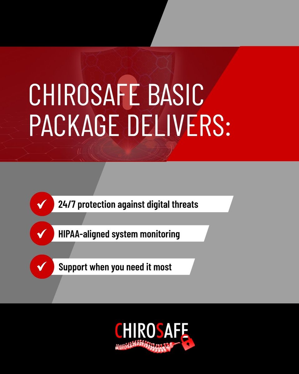 ChiroSafe's tweet image. The ChiroSafe Basic Package delivers:
✅ 24/7 protection against digital threats
✅ HIPAA-aligned system monitoring
✅ Support when you need it most

For $199/month, you can protect up to 5 workstations—and your reputation.

(470) 567-1895
tinyurl.com/2mawt2c7