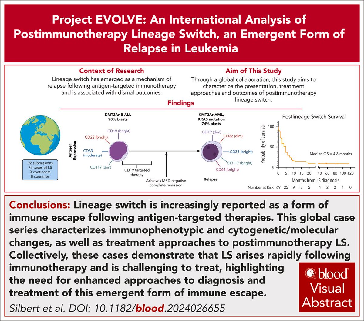 TalhaBadarMD's tweet image. Project EVOLVE: an international analysis of postimmunotherapy lineage switch, an emergent form of relapse in leukemia ashpublications.org/blood/article/… 

70 cases of B-cell #ALL with lineage switch after immunotherapy (anti-CD19) to AML or mixed phenotypic leukemia. 
Dismal outcome with…
