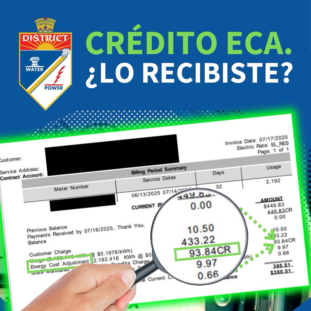 IIDatWork's tweet image. ¡Llegaron los ahorros de verano! 💰Todos los clientes de energía de IID recibirán automáticamente un crédito del 25% en su factura — sin necesidad de hacer nada.
💸 El crédito aparecerá en el renglón de Ajuste de Costo Energético (ECA) de su factura, comenzando ahora y hasta…