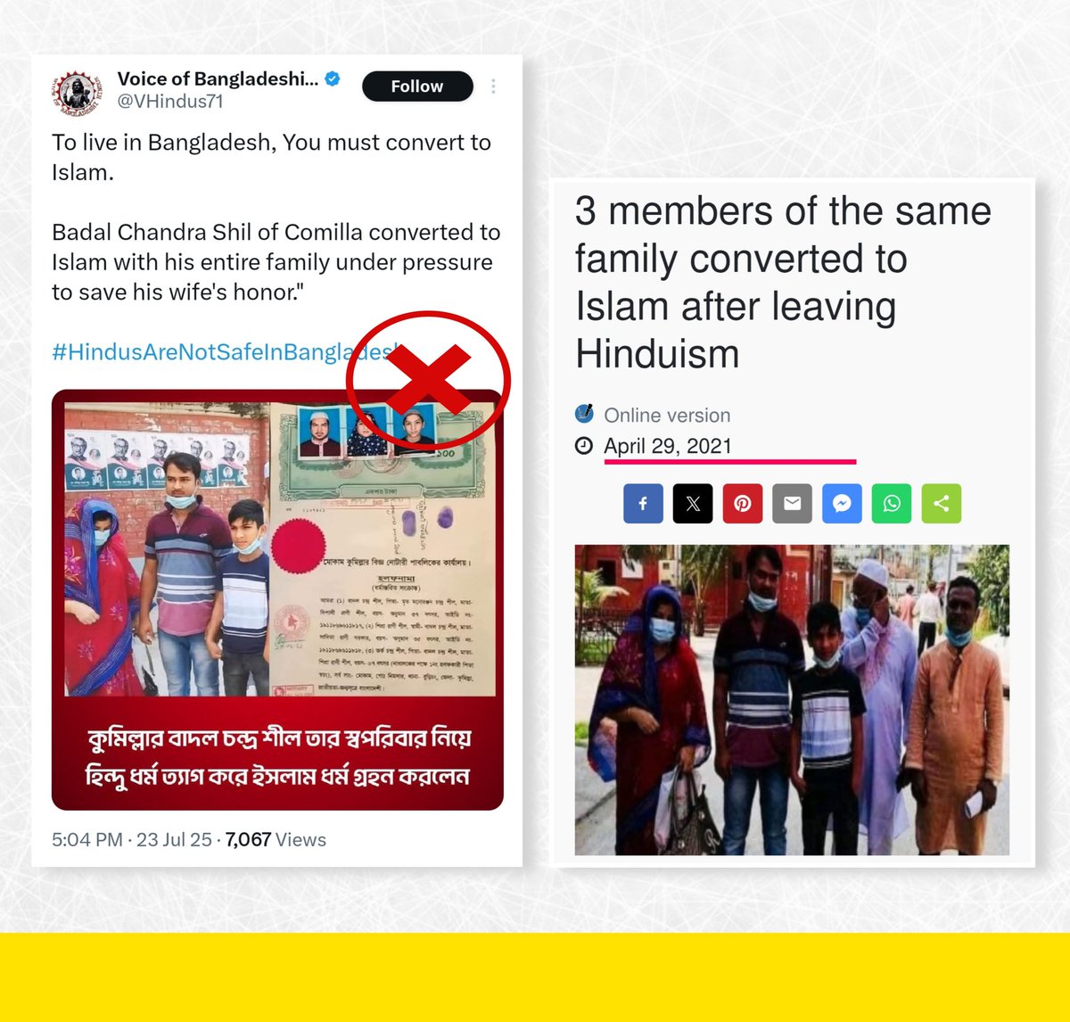 Sohan_RSB's tweet image. This family of three voluntarily converted to Islam four years ago. However, the Hindutva propaganda handle Voice of Bangladeshi Hindus is falsely portraying it as a recent incident and claiming it was a case of forced conversion.