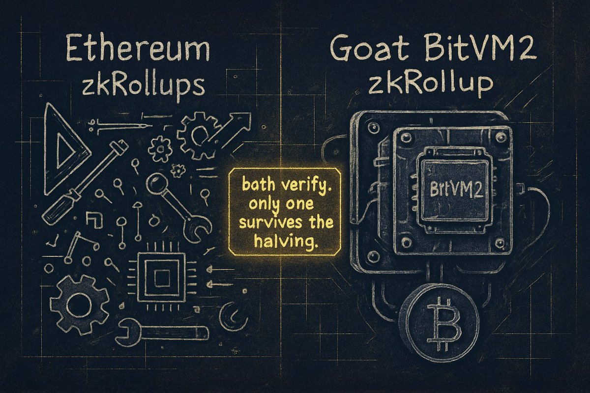 joe_scenic's tweet image. It’s a bit unsettling to see Bitcoin based infrastructure finally becoming practical.
@GOATRollup is experimenting and overhauling with BitVM2; they’re actually overhauling it!
We’re talking about a multi round randomized challenge, universal operator abstraction, and proving…