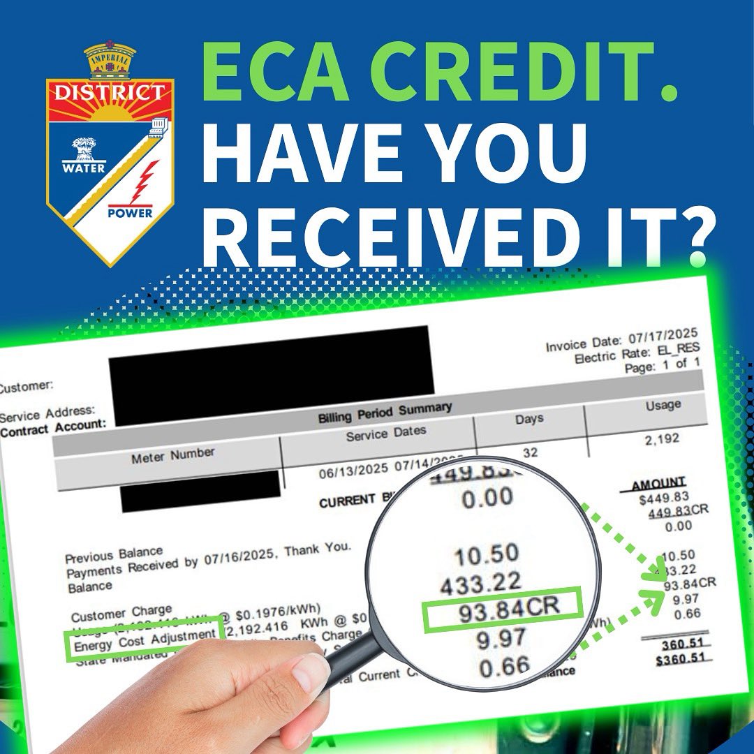 IIDatWork's tweet image. Summer savings are here! 💰Every IID energy customer will automatically receive a 25% credit on their bill — no action needed.
💸 The credit appears under the Energy Cost Adjustment (ECA) line on your bill, starting now and continuing through September 2025.
✅ No forms.
✅ No…