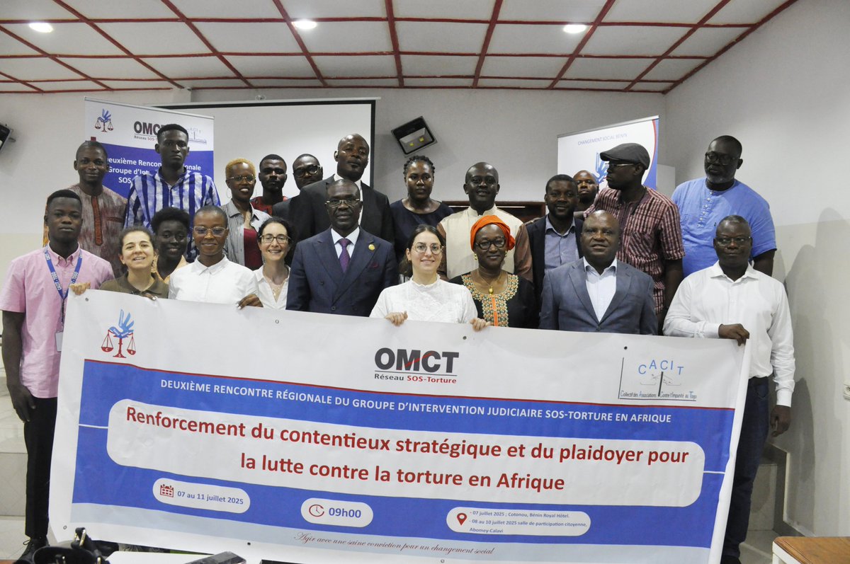 Après la 1ère rencontre des 10 avocats du Groupe d'Intervention Judiciaire SOS-Torture en Afrique, tenue à Lomé en 2019, une seconde a eu lieu du 07-11 juil 2025 au Bénin. Une initiative du CACIT et l'<a href="/omctorg/">World Organisation Against Torture (OMCT)</a> pr élaborer ensemble des stratégies gagnantes de lutte c/ la torture.