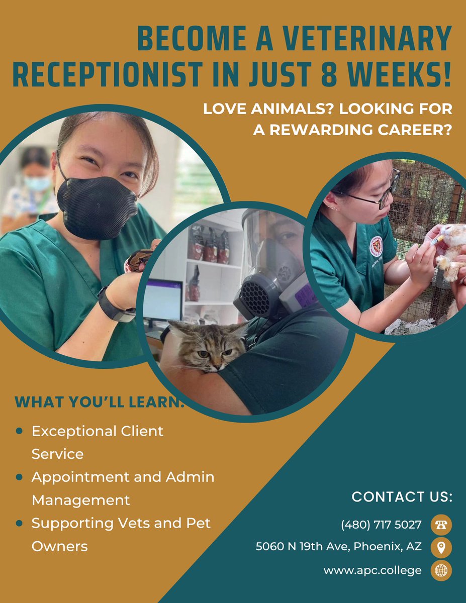 APCC_Phoenix's tweet photo. 8 weeks to your dream job 🐕📞 APCC’s Veterinary Receptionist program is your shortcut to the pet world! Let’s get you hired 🐾💼

📞 +1 480-717-5027 | 🌐 https://t.co/VeA0F1R8EM | 📩 info@apc.college

#VetCareer #AnimalJobs https://t.co/55vEvXs45p