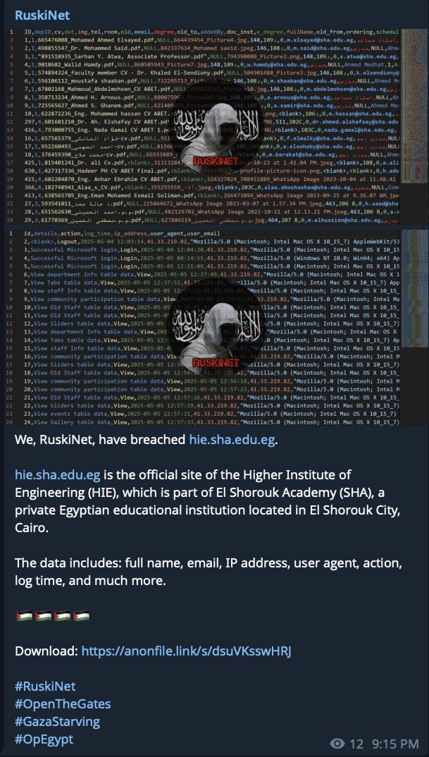 🚨 مجموعة الهاكرز “RuskiNet” تعلن اختراق الموقع الرسمي للمعهد العالي للهندسة (HIE)، التابع لأكاديمية الشروق في مصر 🇪🇬.

🔹 نشرت المجموعة لقطات شاشة تزعم أنها تثبت حصولها على بيانات حساسة تشمل أسماء كاملة، عناوين البريد الإلكتروني، عناوين IP، سجلات النشاط، وبيانات أخرى من موقع