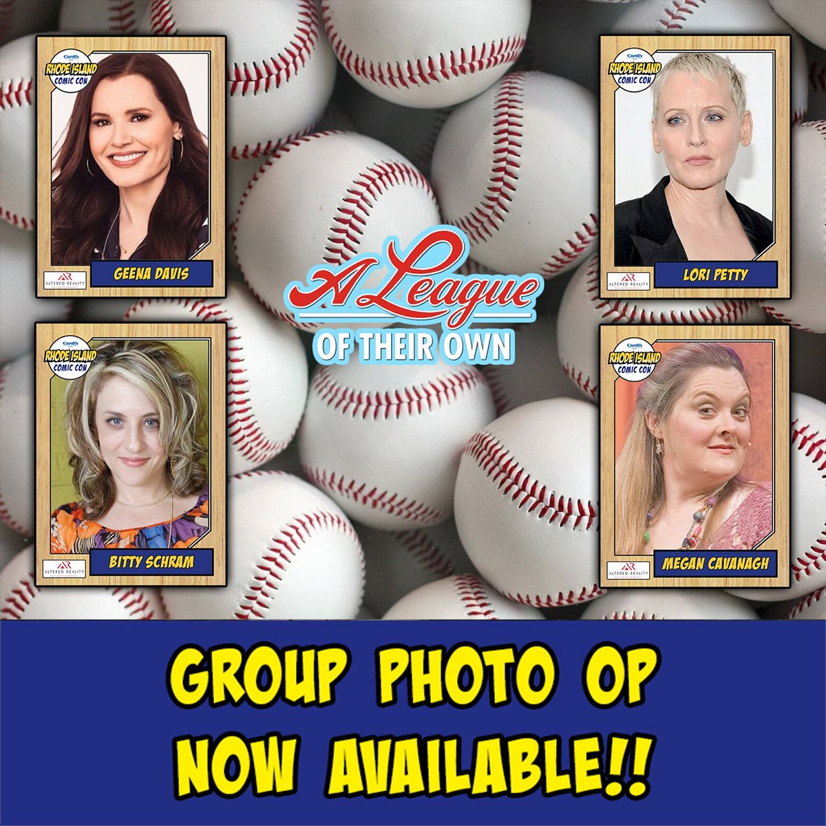 ricomiccon's tweet image. The group photo op for A League of their Own is LIVE! Bitty Schram and Megan Cavanagh join previously introduced Geena Davis and @loripetty in this amazing group photo op, Friday & Saturday only! Buy yours now, and don't forget that Affirm is availabe for all of your autograph…