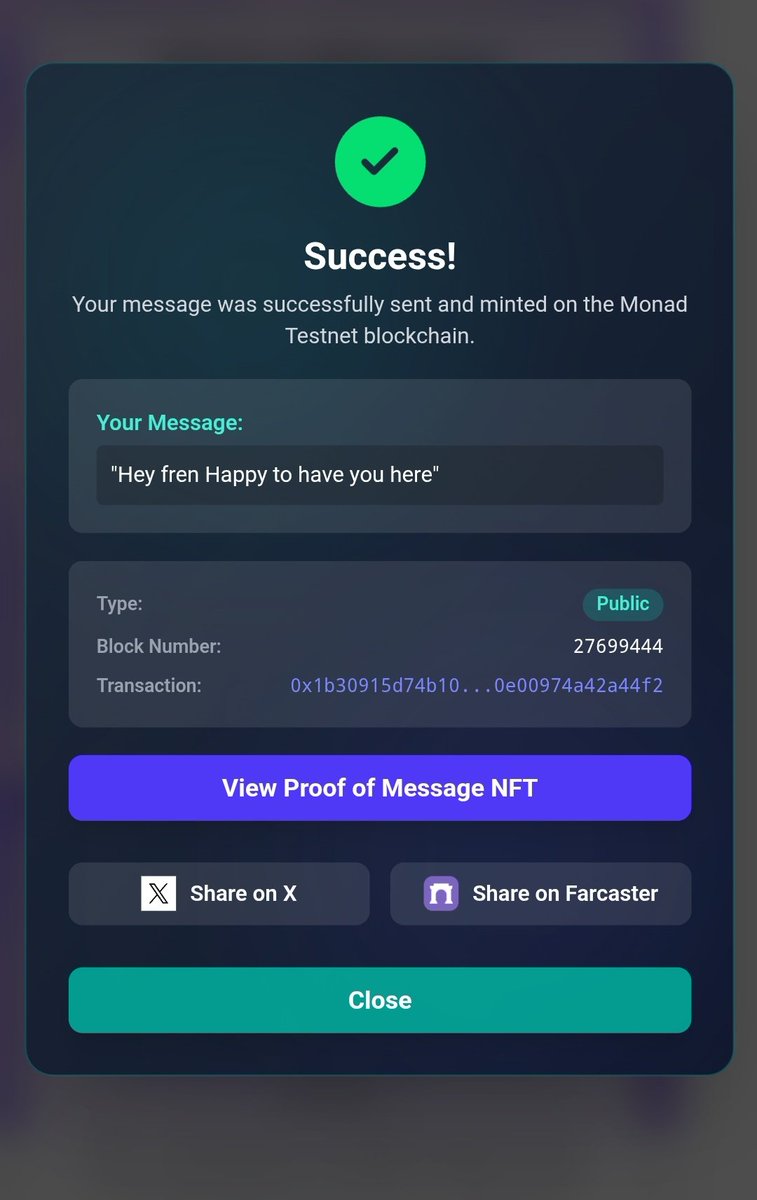 Ðamğęa ⛓ (@gabrielishola7) on Twitter photo MONAD INTERACTION OF THE DAY
Today's interaction will be on <a href="/blockchainmsgs/">Blockchain Messages</a>
Blockchain Message is a decentralized messaging platform that converts messages into on-chain transactions on Monad.
To get started
🚦Visit blockchainmessages.xyz/?referral=1622…
🚦Connect wallet
🚦Send a public, MONAD INTERACTION OF THE DAY
Today's interaction will be on <a href="/blockchainmsgs/">Blockchain Messages</a>
Blockchain Message is a decentralized messaging platform that converts messages into on-chain transactions on Monad.
To get started
🚦Visit blockchainmessages.xyz/?referral=1622…
🚦Connect wallet
🚦Send a public,