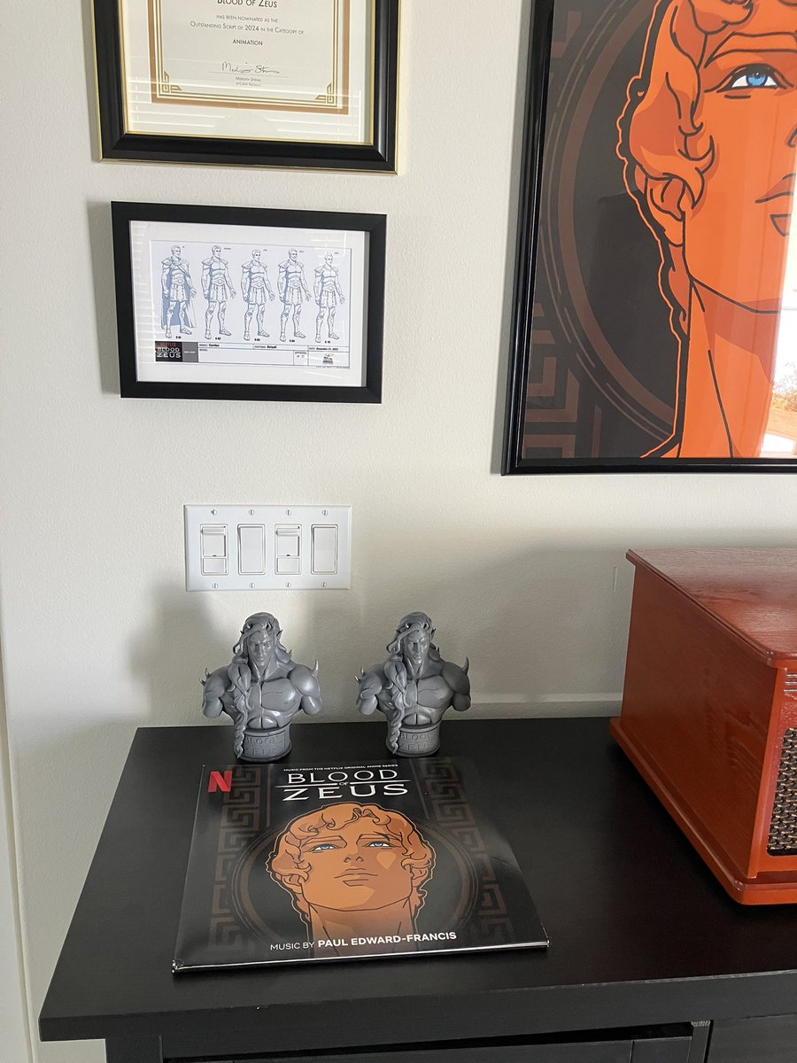 BloodofZeus's tweet image. A very cool update to our office! Thanks to BOZ Executive Producer Mike Hughes & his team for making these Seraphim busts. They will serve as a great tribute to one of our favorite characters! #BloodofZeus It will also make us think of @EliasToufexis which is always a good thing.