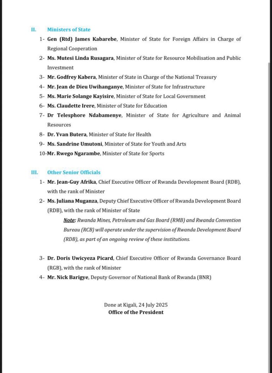 ghdefalque's tweet image. Here’s the new cabinet under the newly appointed PM, M Dr Justin NSENGIYUMVA
