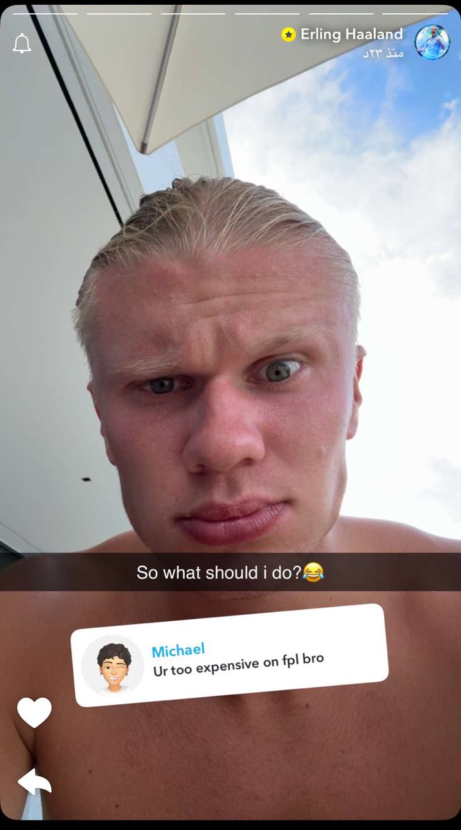 FPL_UCF's tweet photo. "إذًا ماذا يجب أن أفعل؟"

كان رد هالاند على واحد كتب له في Snapchat أن سعره غالي جدا 😅 https://t.co/5lXztA1GKA