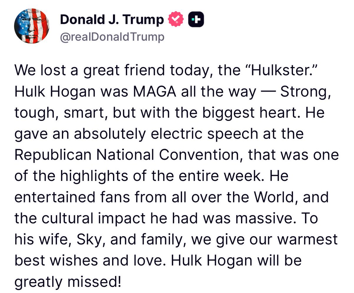 Blog1600Penn's tweet image. Präsident @realDonaldTrump mit einem Statement zum Tod von #HulkHogan 👇
#Blog1600Penn #Trump