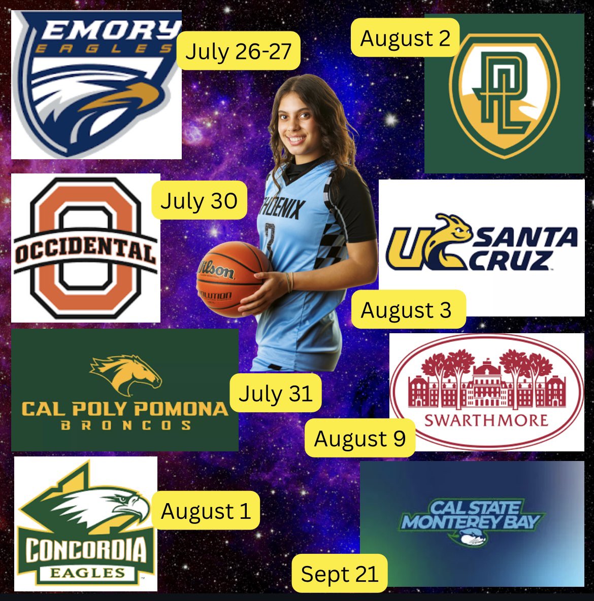 Phoenix Select (@phoenixselect) on Twitter photo Elite Camp schedule for 2026 guard <a href="/maddie_p2026/">Maddie Peiffer</a> 🔥🔥
July 26-27 <a href="/EmoryWBB/">Emory Women’s Basketball</a>
July 30 <a href="/OXYwbb/">OXYwbb</a>
July 31 <a href="/cppwbb/">Cal Poly Pomona Women’s Basketball</a>
August 1 <a href="/cuiwbasketball/">CUI Women's Basketball</a>
August 2 <a href="/PLNU_WBB/">Point Loma WBB</a>
August 3 <a href="/ucscwbb/">UC Santa Cruz BBALL</a>
August 9 <a href="/SwatWBasketball/">Swarthmore Women's Basketball</a>
September 21 <a href="/CSUMBwbb/">CSUMB WBB</a>
<a href="/MattyK31/">Matthew Kovach</a> Elite Camp schedule for 2026 guard <a href="/maddie_p2026/">Maddie Peiffer</a> 🔥🔥
July 26-27 <a href="/EmoryWBB/">Emory Women’s Basketball</a>
July 30 <a href="/OXYwbb/">OXYwbb</a>
July 31 <a href="/cppwbb/">Cal Poly Pomona Women’s Basketball</a>
August 1 <a href="/cuiwbasketball/">CUI Women's Basketball</a>
August 2 <a href="/PLNU_WBB/">Point Loma WBB</a>
August 3 <a href="/ucscwbb/">UC Santa Cruz BBALL</a>
August 9 <a href="/SwatWBasketball/">Swarthmore Women's Basketball</a>
September 21 <a href="/CSUMBwbb/">CSUMB WBB</a>
<a href="/MattyK31/">Matthew Kovach</a>