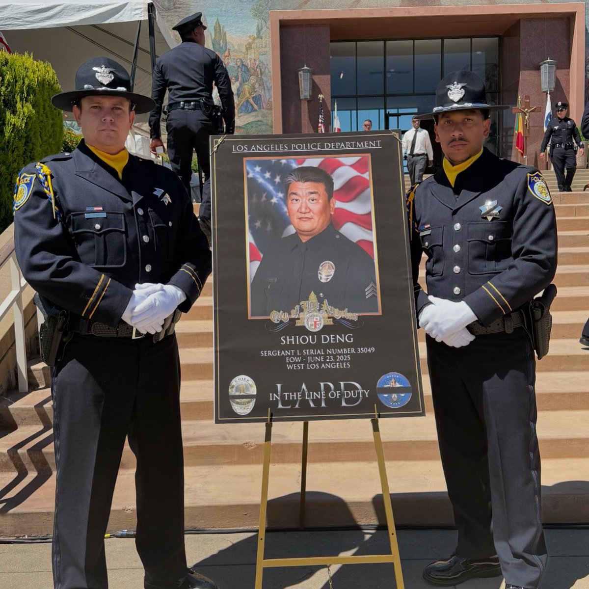 SacPolice's tweet image. Today, two of our Honor Guard members stood beside @LAPDHQ to honor the life of Sergeant Shiou Deng, who was killed in the line of duty on June 23, 2025. Sergeant Deng’s service and sacrifice will not be forgotten. Rest in peace.