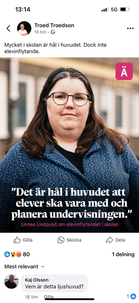 rektor_linnea's tweet image. Skolans värsta charlatan har hittat en intervju där jag förklarar varför inte elever ska vara delaktig i planeringen av undervisningen. Troedsson har fest i kommentarsfältet.