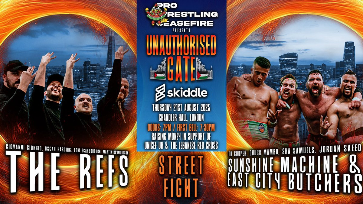 In exactly 4 weeks, we’ll be back at our beloved Chandler Hall in London for our Forbidden Door Show!

ALREADY ANNOUNCED:
STREET FIGHT
The Refs vs Sunshine Machine &amp; East City Butchers

🍉 Thu 21st Aug
🔔 First Bell: 7:30pm

🎫 25 GA tickets remaining:
🔗 skiddle.com/e/40749867