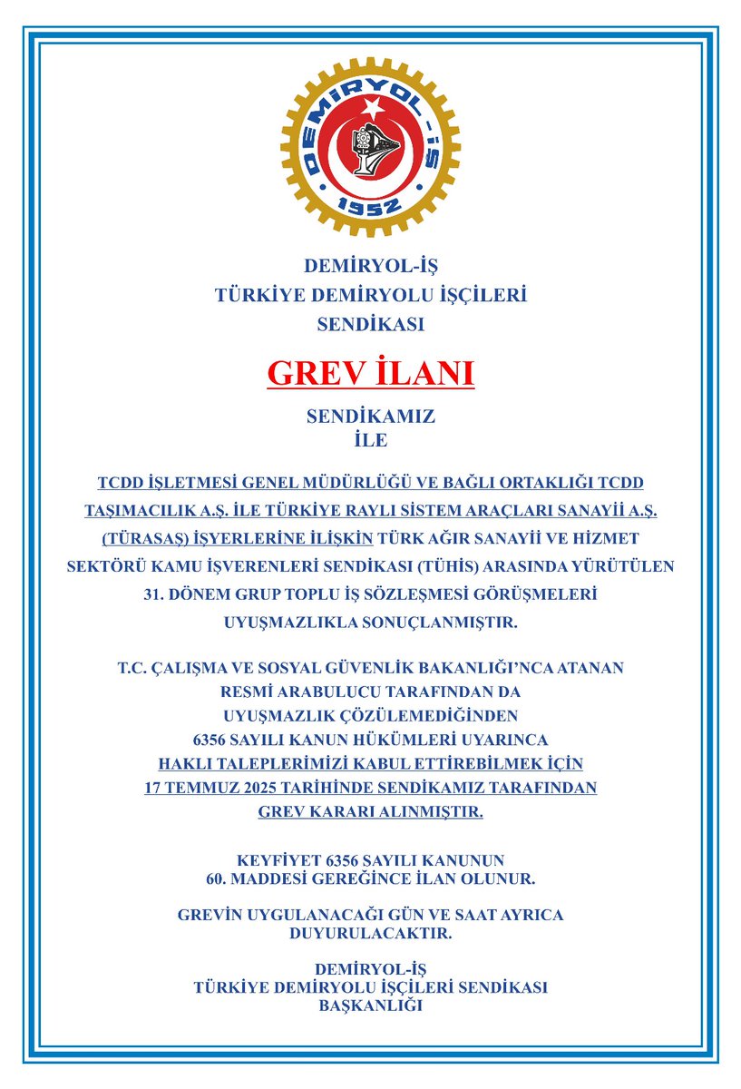 TCDD taşımacılık TCDD altyapı TÜRASAŞ İŞ YERLERİNDE ÇALIŞAN İŞÇİ PERSONEL 26 AĞUSTOS'TA GREVE HAZIRLANIYOR...

KAMUOYUNA DUYURULUR....

<a href="/turkiskonf/">TÜRK-İŞ</a> <a href="/demiryolissend/">demiryolis</a> <a href="/TCDDemiryollari/">TCDD-Türkiye Cumhuriyeti Devlet Demiryolları 🇹🇷</a> <a href="/turasasgm/">TÜRASAŞ</a>